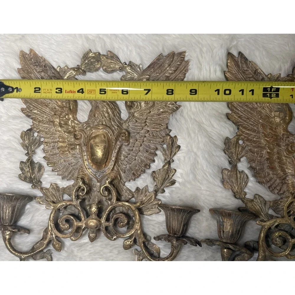 Vintage Brass Eagle Wall Scroll Sconce Candlestick Hollywood Regency Pair 2 MCM